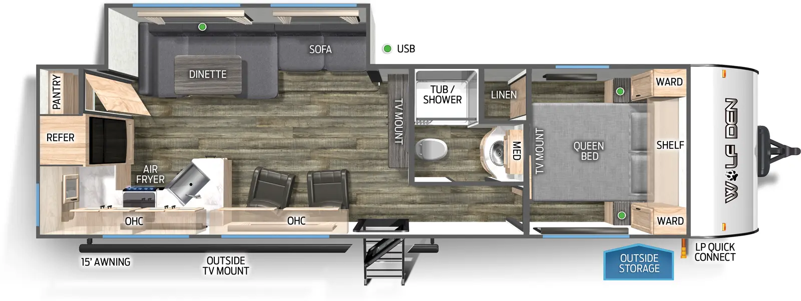 The 272RK has one slideout and one entry. Exterior features LP quick connect, outside storage, outside TV mount, and 15 foot awning. Interior layout front to back: foot-facing queen bed with shelf above, wardrobes on each side, linen closet, and TV mount; off-door side full bathroom with medicine cabinet; TV mount along inner wall; off-door side slideout with sofa and dinette; door side entry, chairs, overhead cabinet, and kitchen counter with sink that wraps to door side with air fryer, overhead cabinet, and continues to wrap to the rear with a refrigerator and pantry.